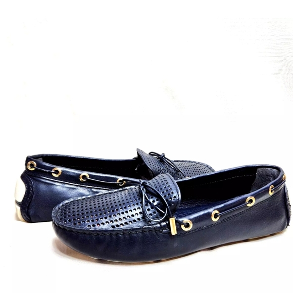 TORY BURCH Perforated Leather Driving Mocs Sz 8 Navy Blue Driver Boat Loafers - Picture 3 of 13